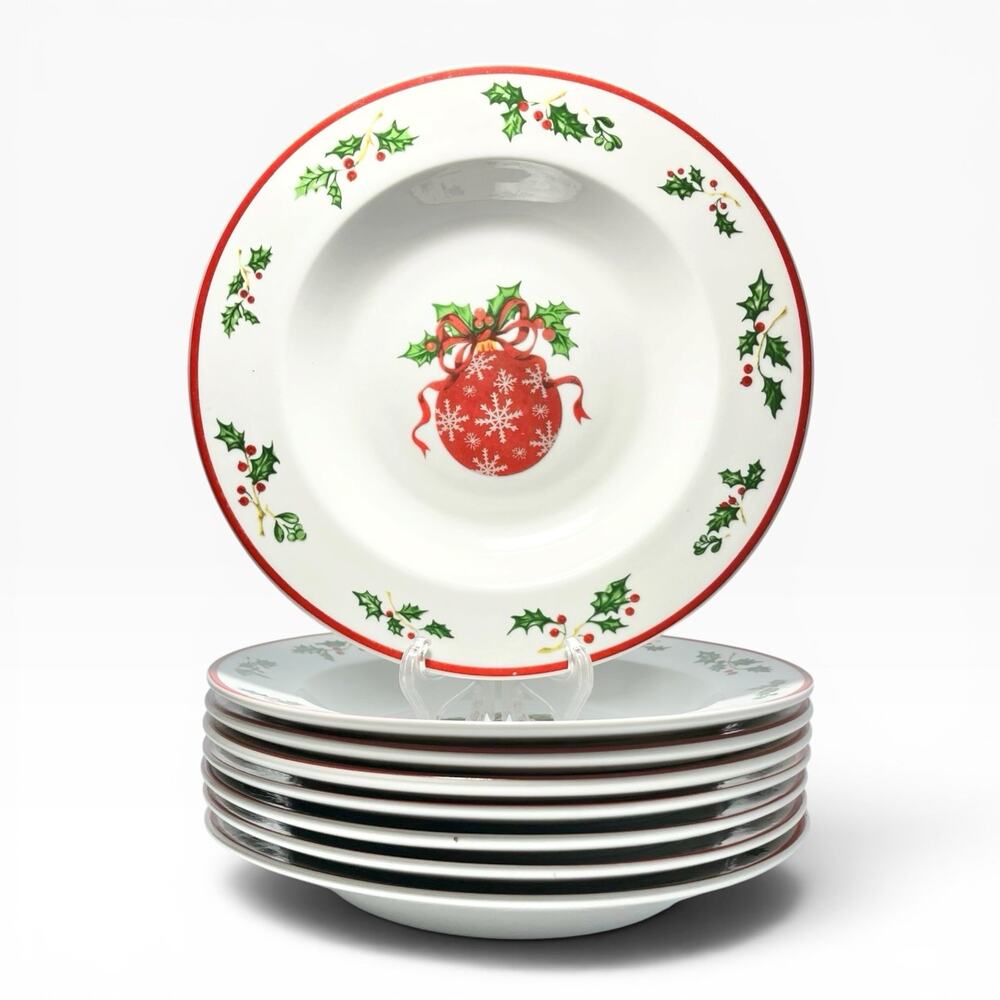 Christopher Radko “Holiday Celebrations, Red Trim” 8 Porcelain Rim Soup Bowls 9